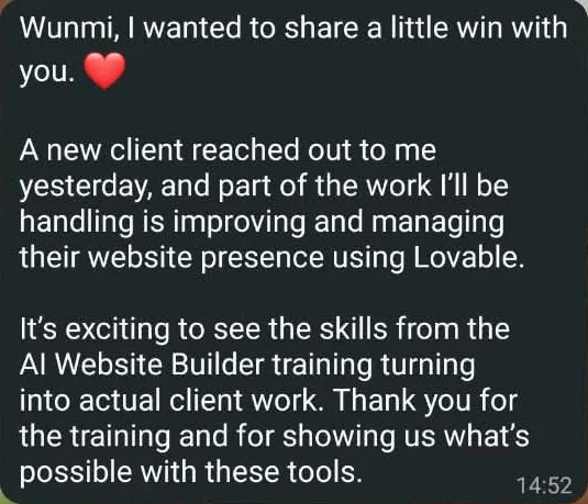 Original WhatsApp message: From a lesson to client work. Full wording is available in the transcript below.