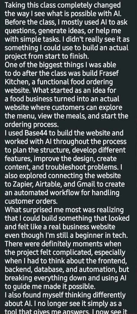 Original Frasef Kitchen WhatsApp testimonial, part 1 of the same review. Personal details and unrelated interface cropped out.