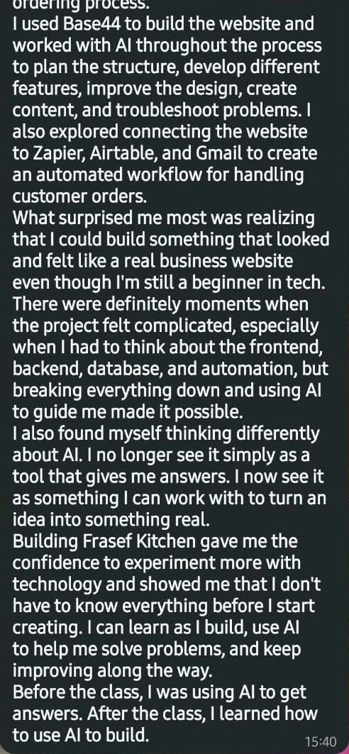 Original Frasef Kitchen WhatsApp testimonial, part 2 of the same review. Personal details and unrelated interface cropped out.