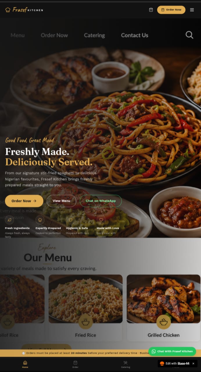 Original Frasef Kitchen student website screenshot: food photography, Freshly Made. Deliciously Served headline, ordering links and a menu of rice and grilled chicken.