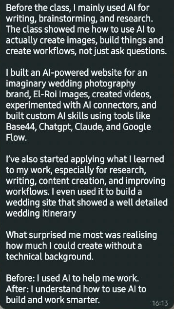 Authentic WhatsApp testimonial from the student who built El-Roi Images. Personal details and unrelated chat interface have been cropped out.